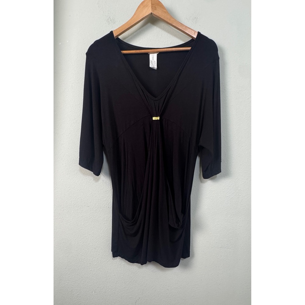 Trina Turk Black V-Neck Draped Tunic Top Gold Hardware 3/4 Sleeve Size Medium